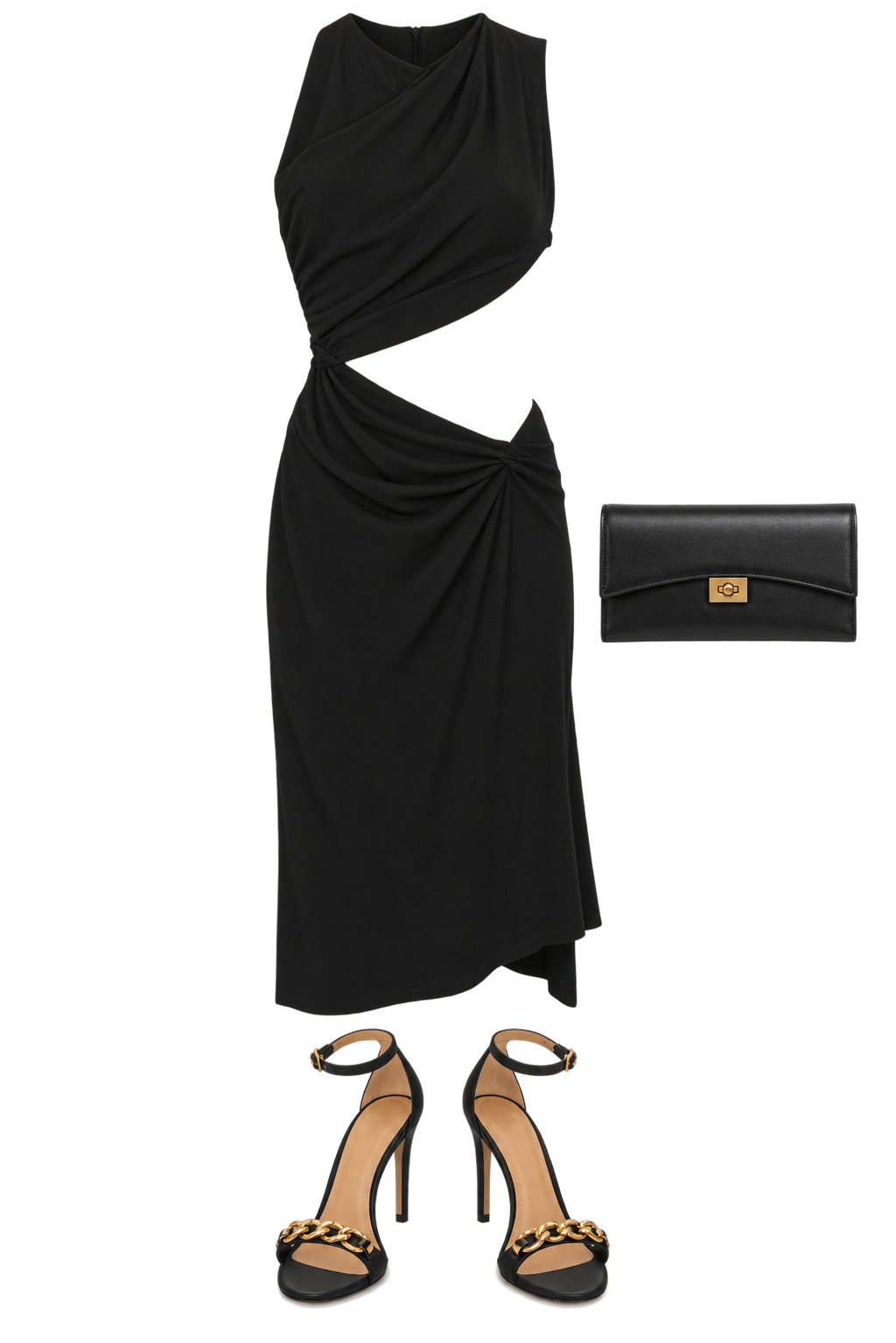 Black asymmetric cutout dress and chain sandals