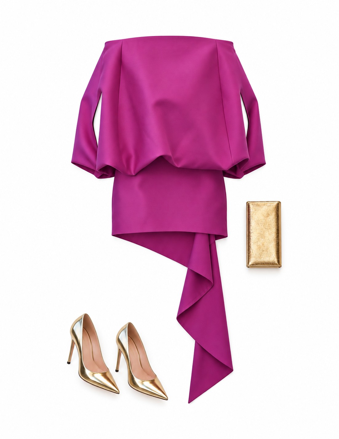 Magenta off-shoulder mini dress with train