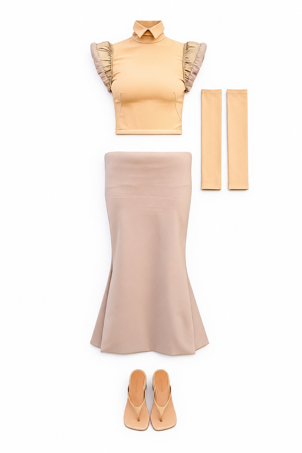 Butter-yellow sleeveless top and taupe maxi skirt