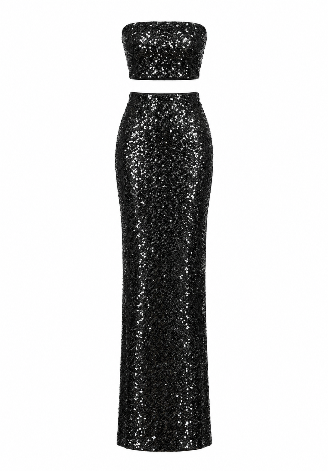 Black sequined bandeau and maxi skirt