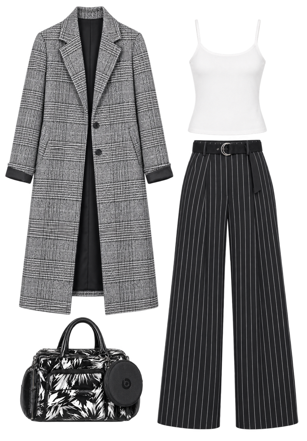 Grey plaid coat and black pinstripe trousers