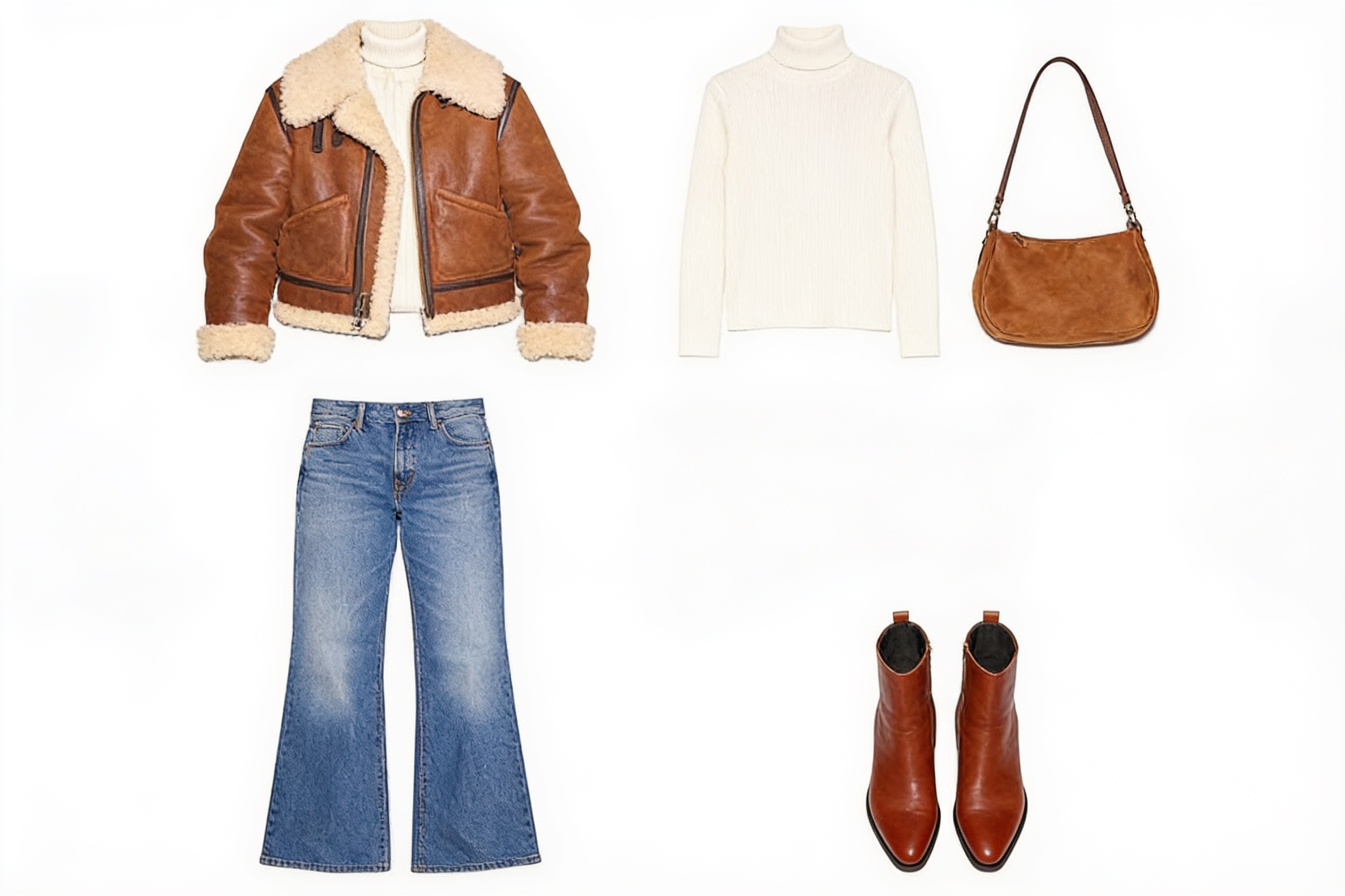 Brown shearling jacket and wide-leg jeans