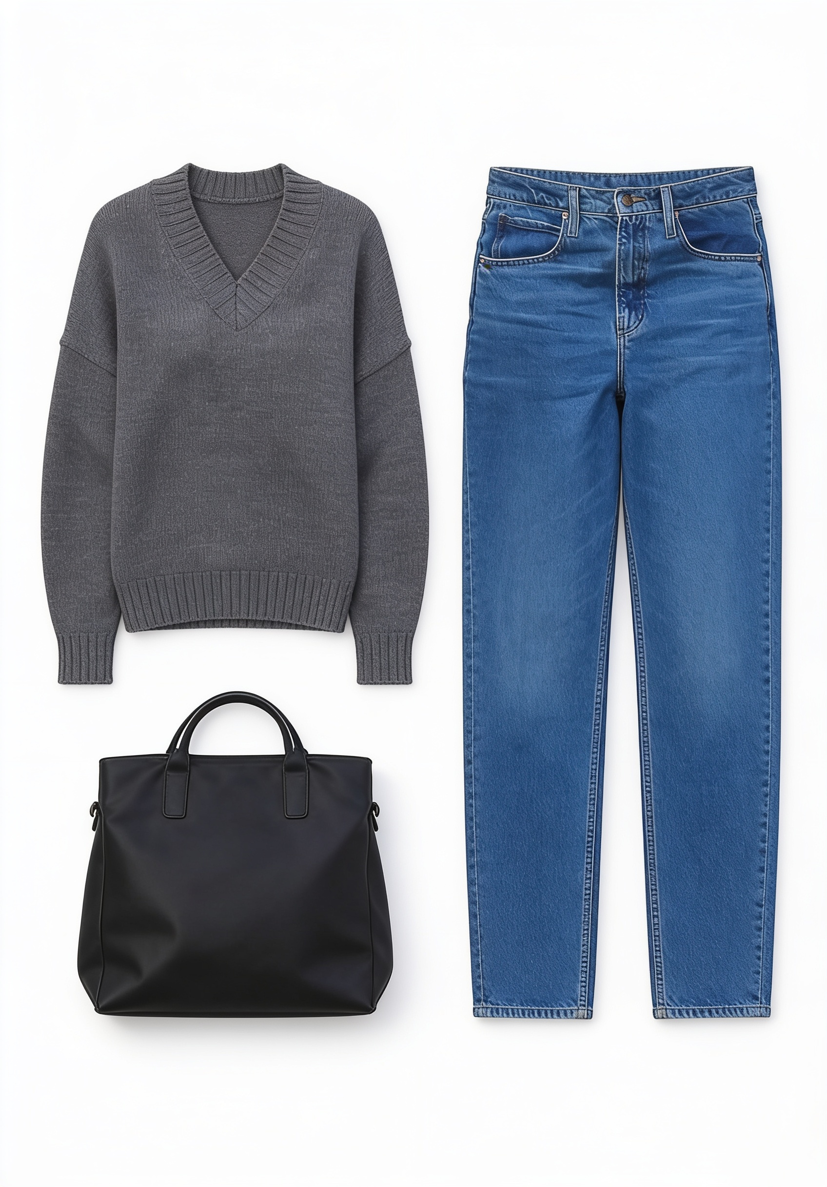 Charcoal V-neck sweater and blue jeans
