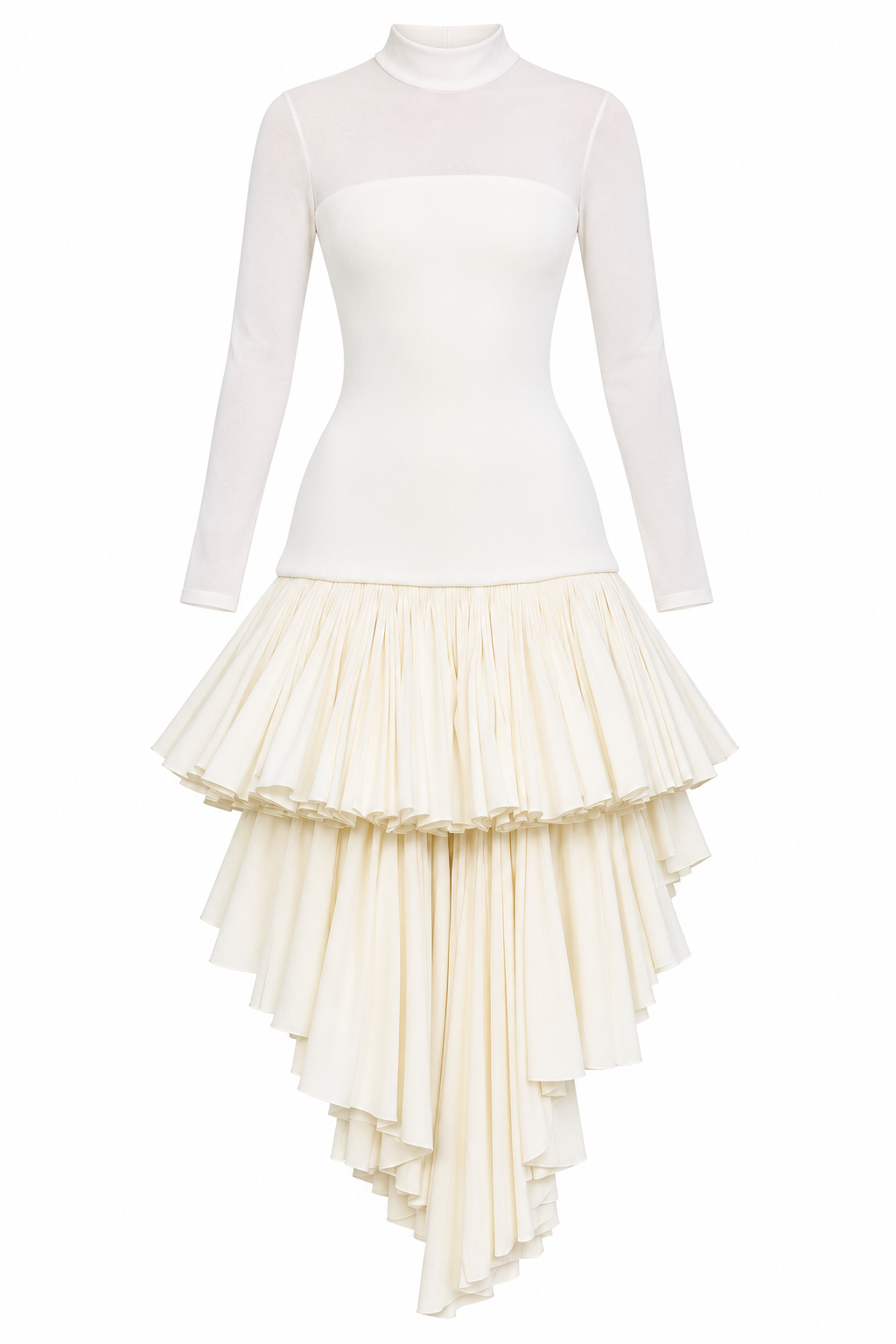 Ivory long-sleeve dress with asymmetric pleated tiers