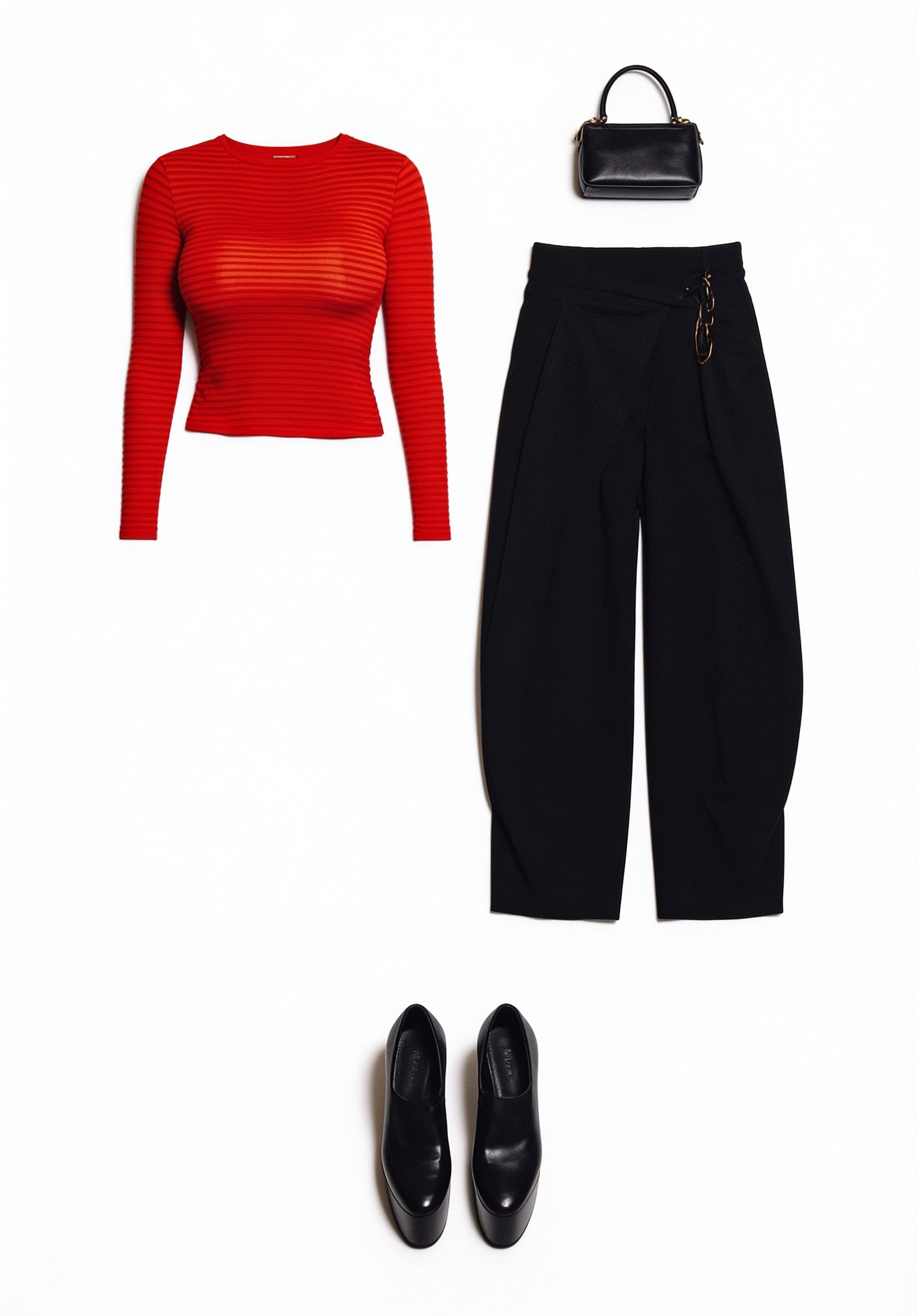 Red long-sleeve crop top and black wide-leg trousers