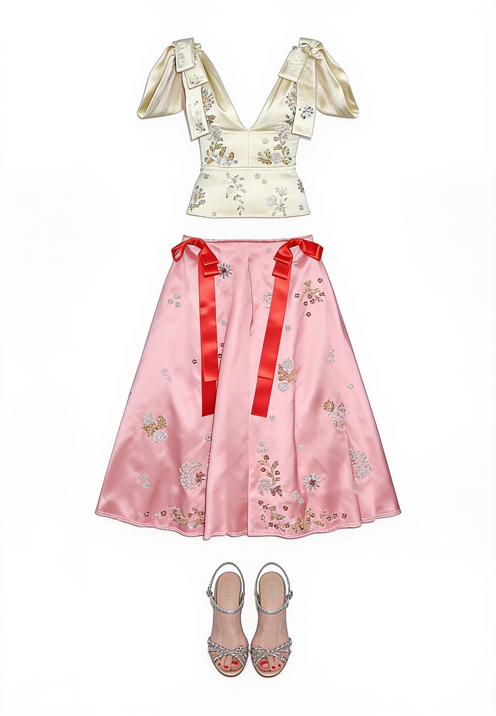 Cream brocade top and pink ribbon midi skirt