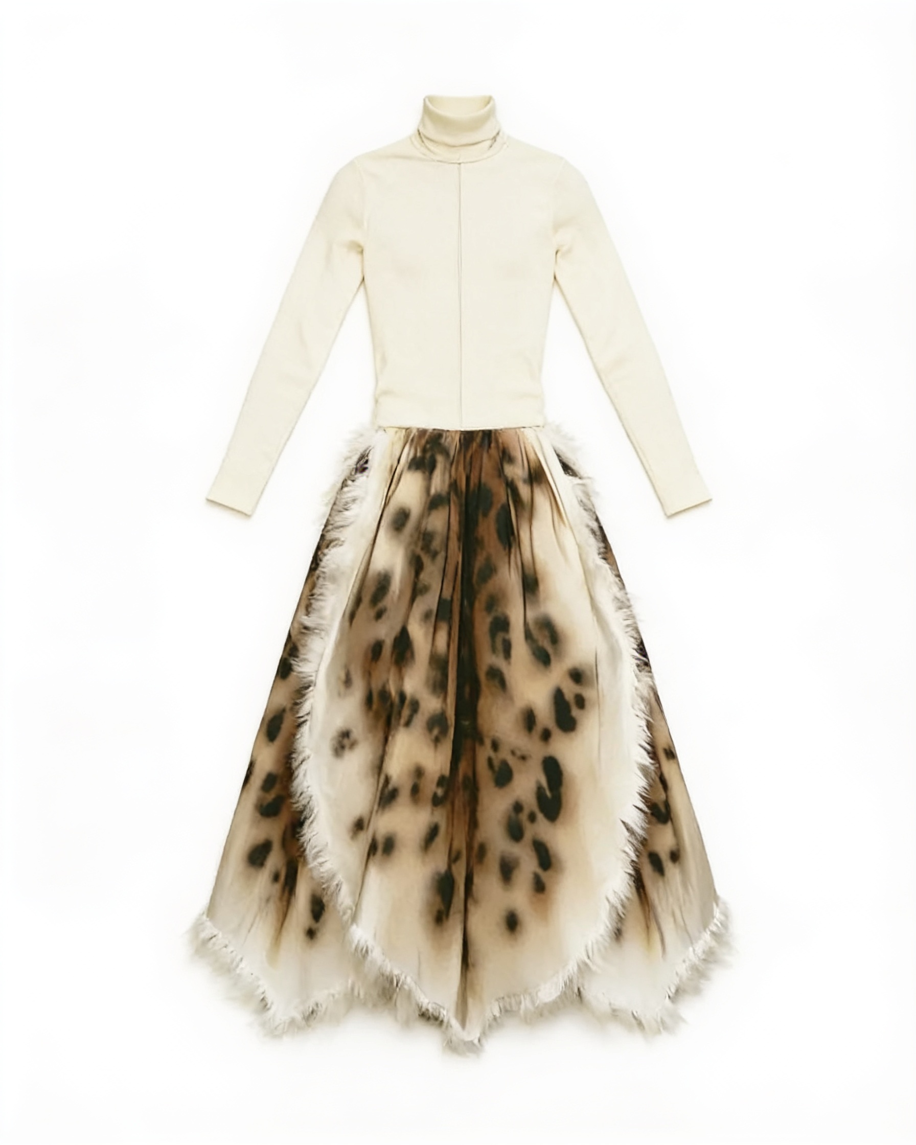 White top and feather-patterned ball skirt