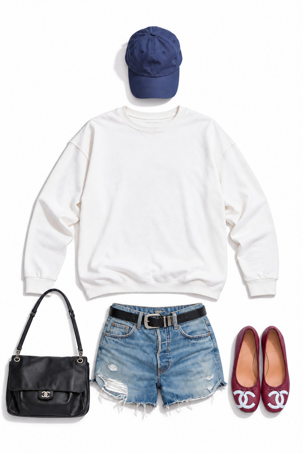 White sweatshirt and denim shorts