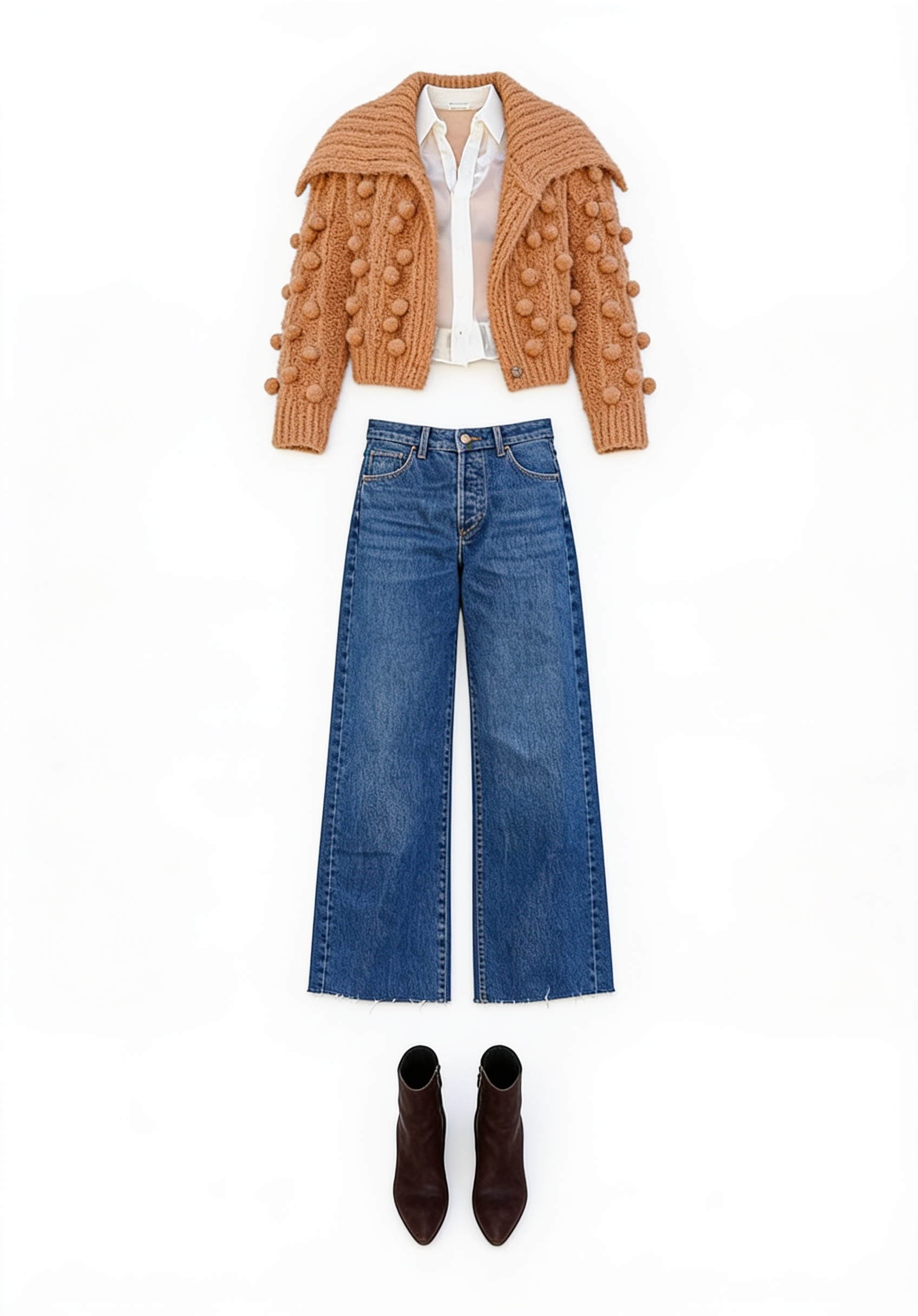 Tan textured jacket and wide-leg jeans