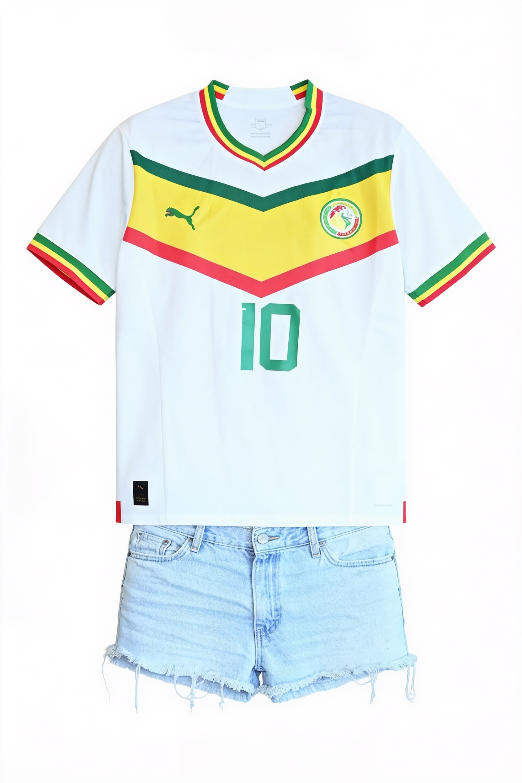 Senegal football shirt and denim shorts