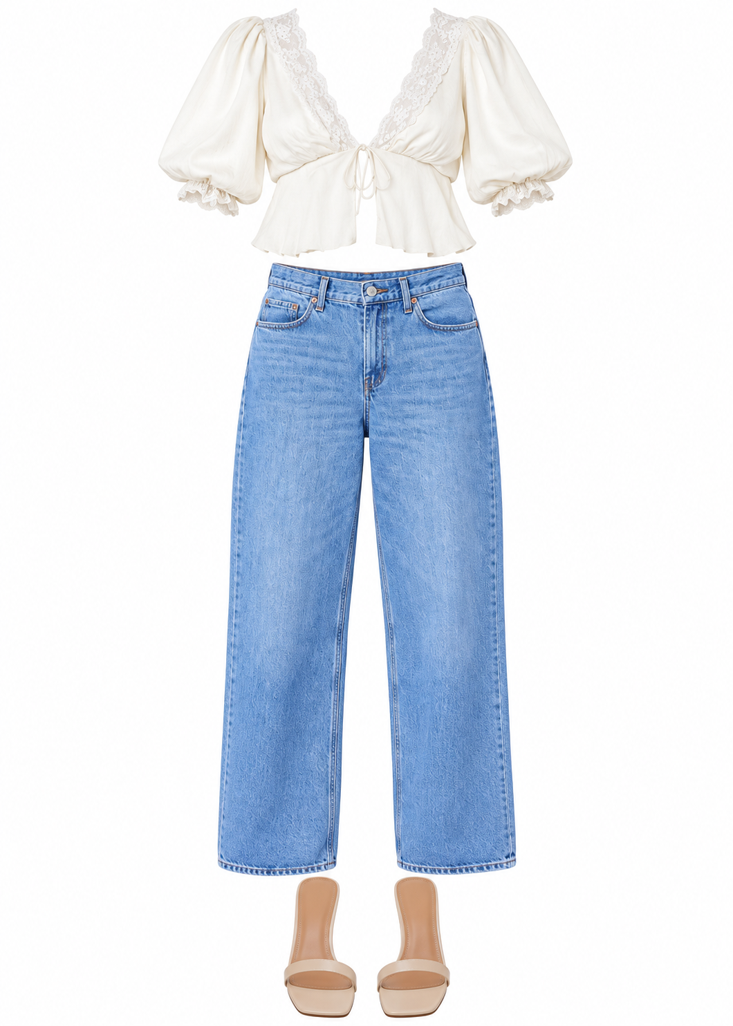 Ivory tie-front blouse and blue jeans