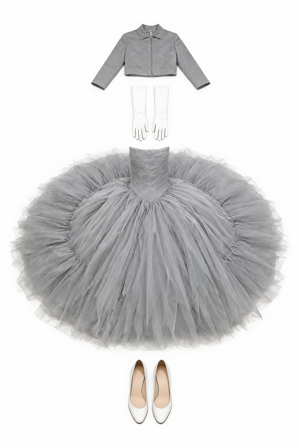 Grey tulle ball skirt and cropped jacket
