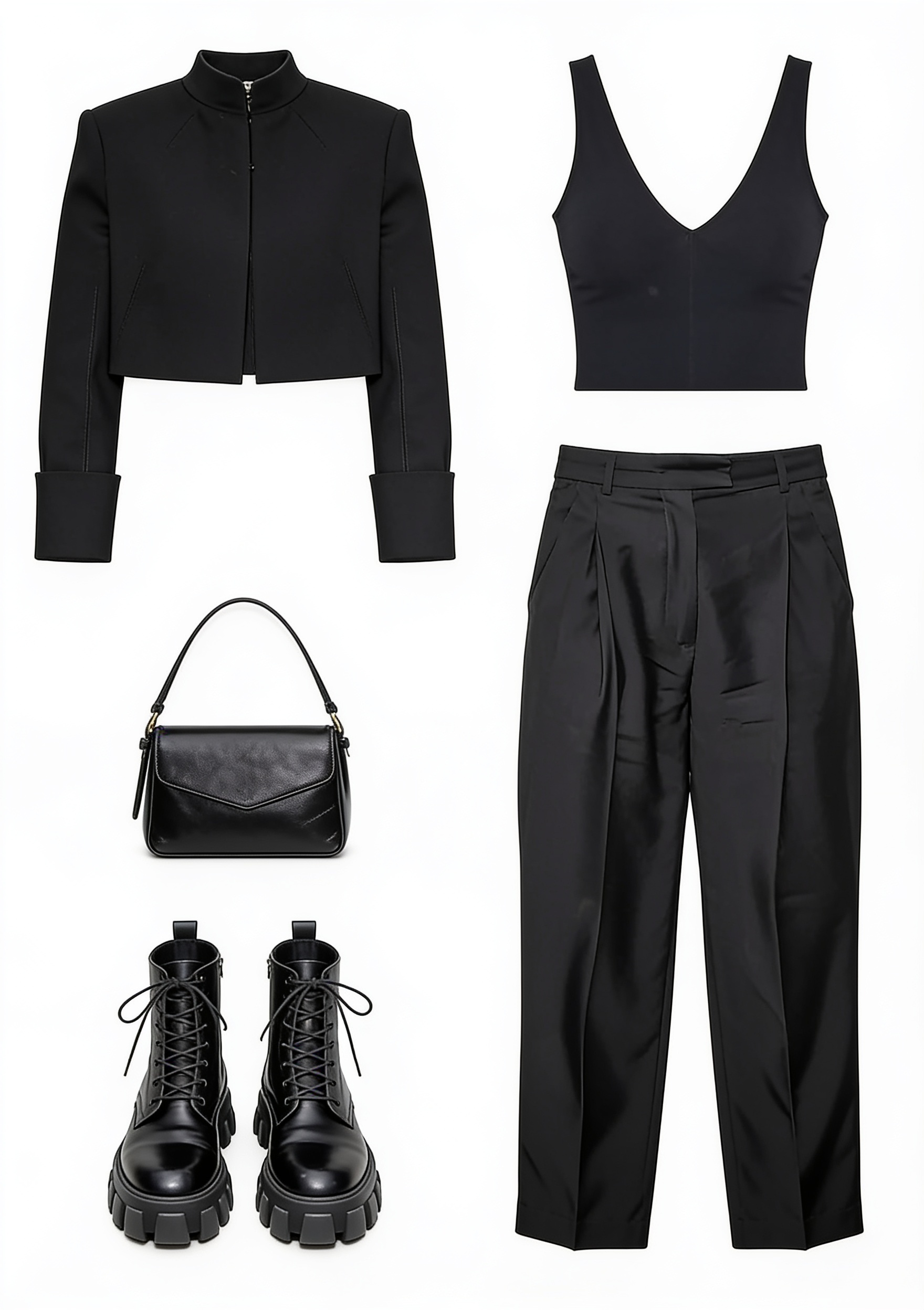 Black cropped jacket and wide-leg trousers