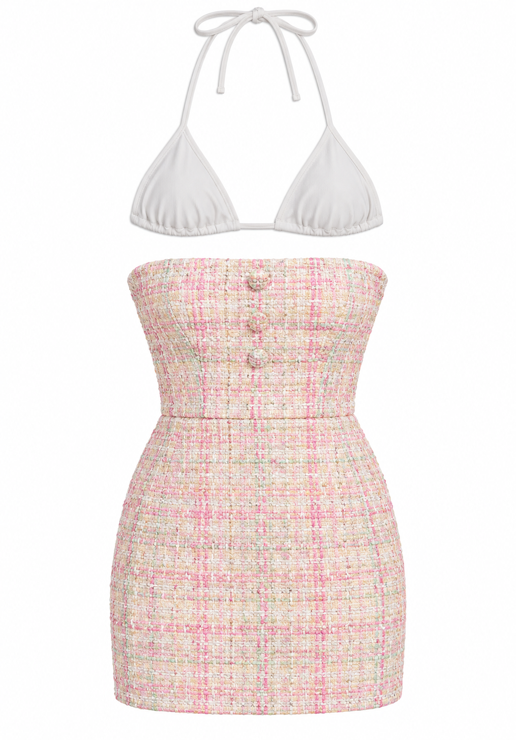 Pink tweed mini dress and white halter top