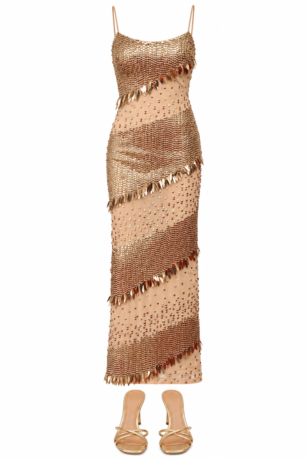 Gold beaded fringe dress and sandals