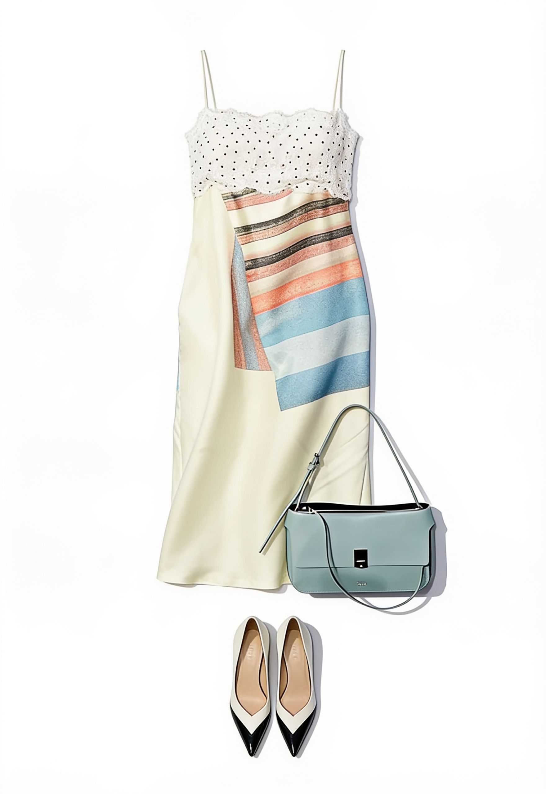 Printed strapless midi dress and blue handbag