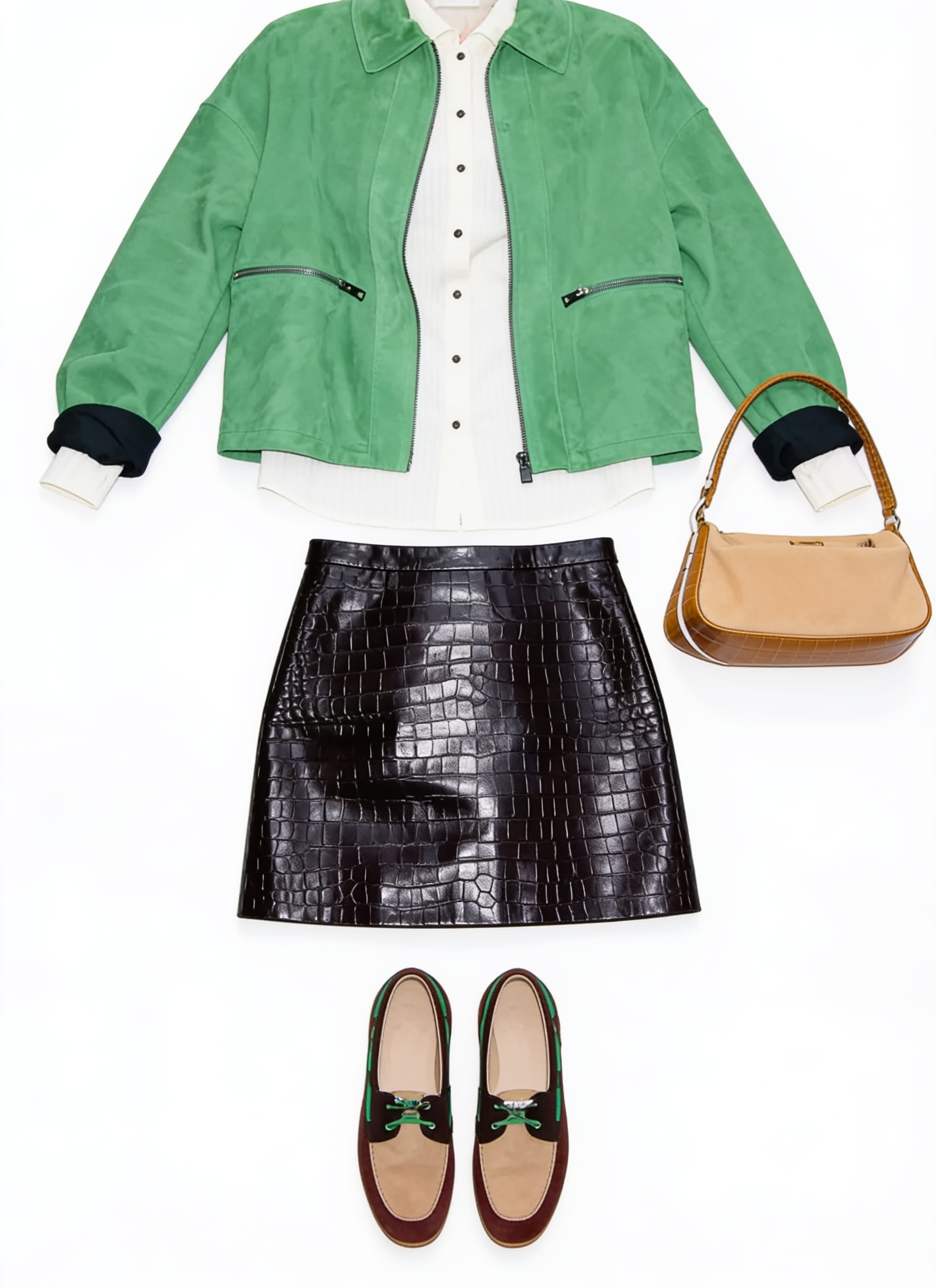 Green jacket and black leather mini skirt