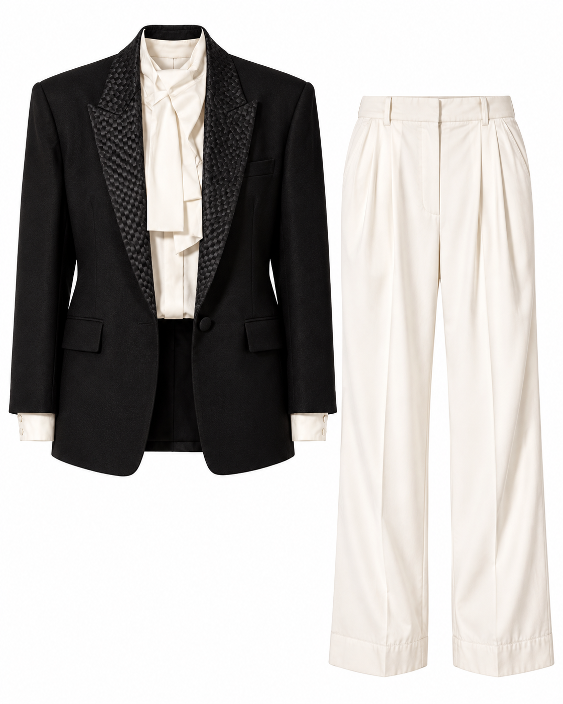 Black tailored blazer and ivory trousers