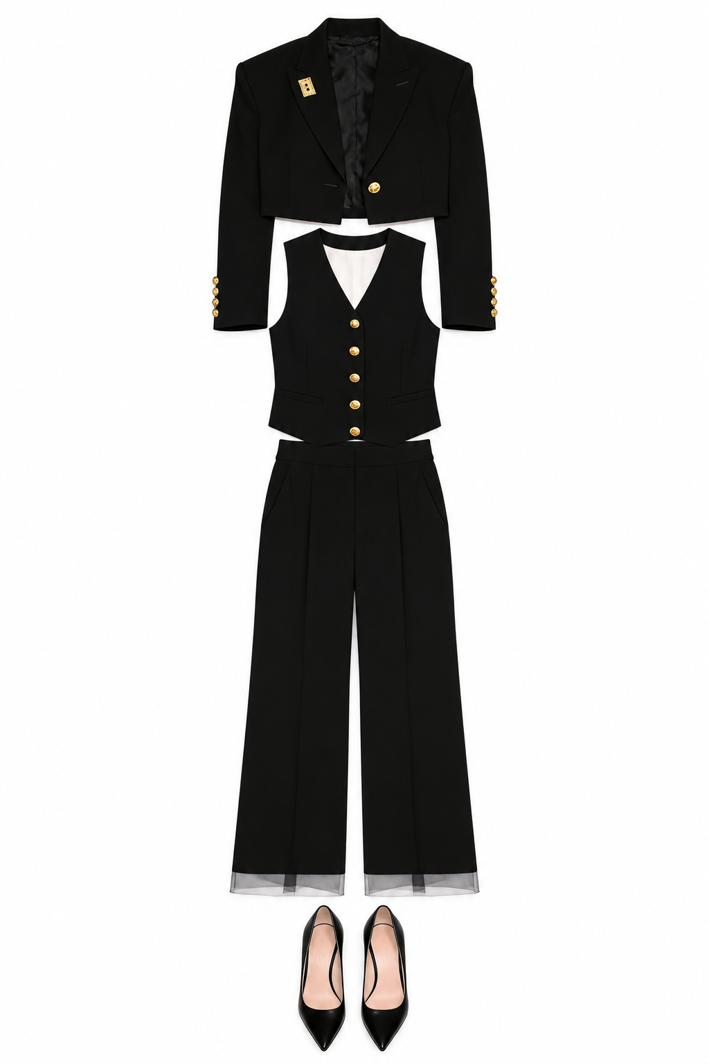 Black cropped blazer, waistcoat and wide-leg trousers
