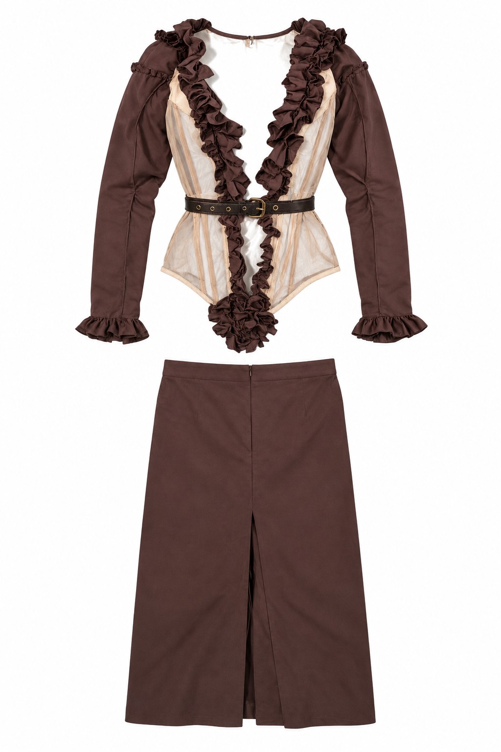 Brown ruffled corset jacket and long skirt