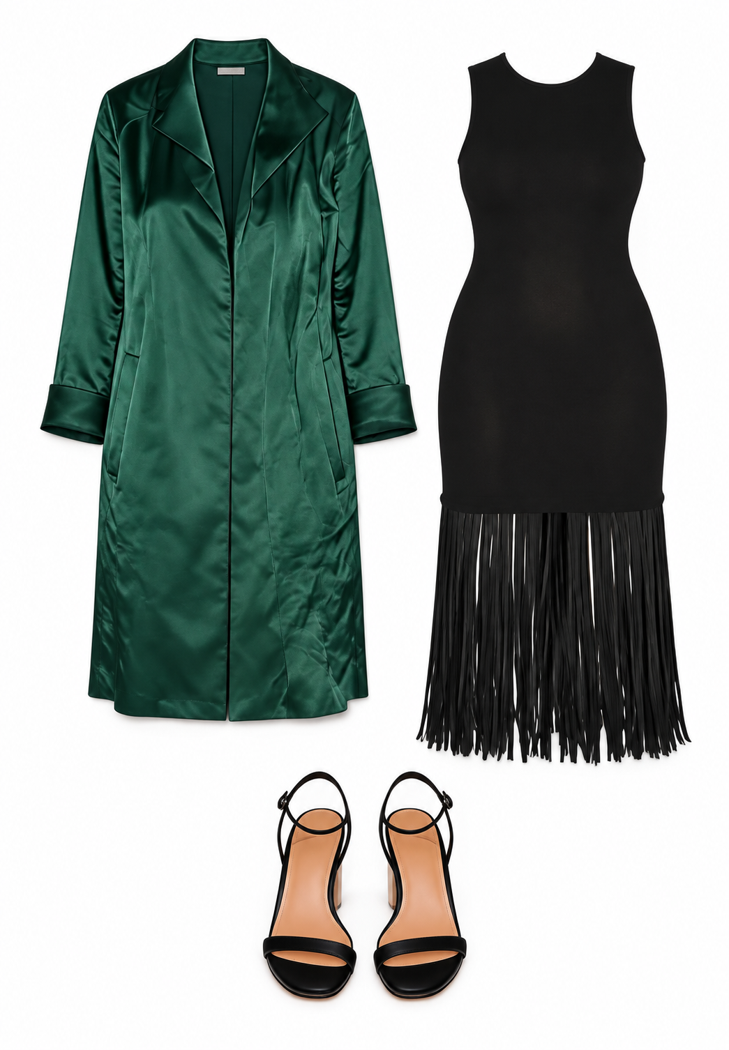 Emerald satin coat and black fringed dress