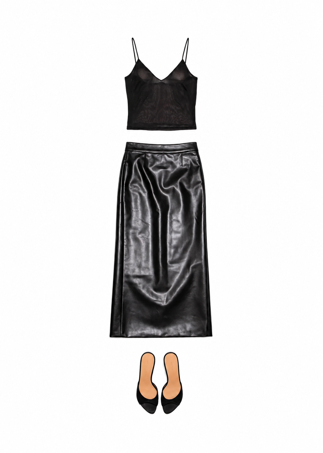 Black sheer camisole and satin maxi skirt