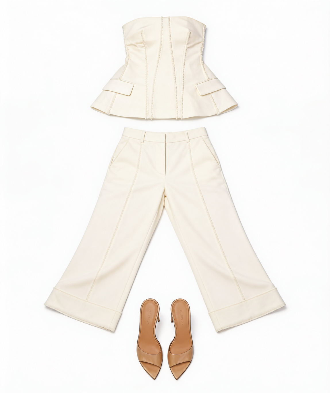Ivory strapless peplum top and cropped trousers