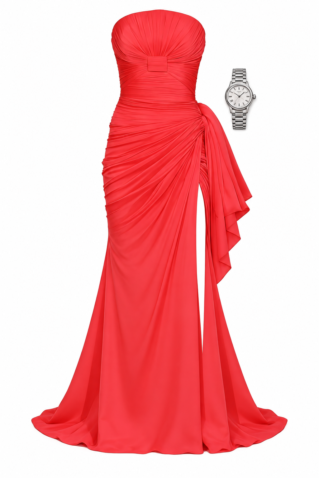 Red strapless draped gown