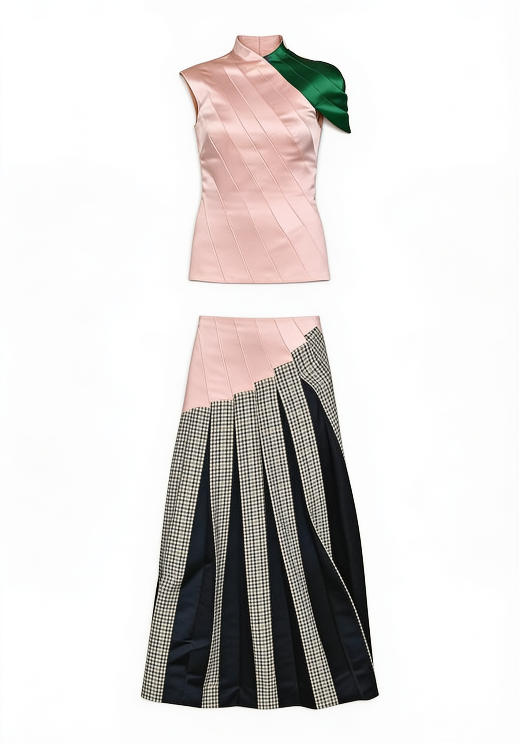 Colour-block satin top and pleated maxi skirt