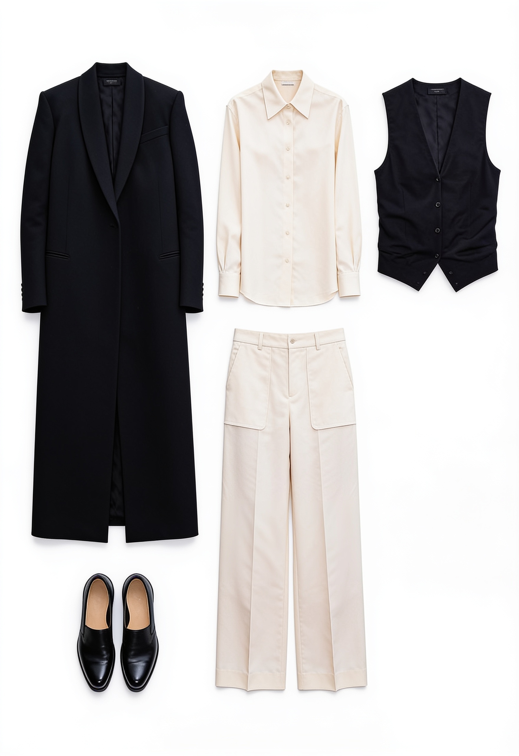 Black long coat and ivory wide-leg trousers