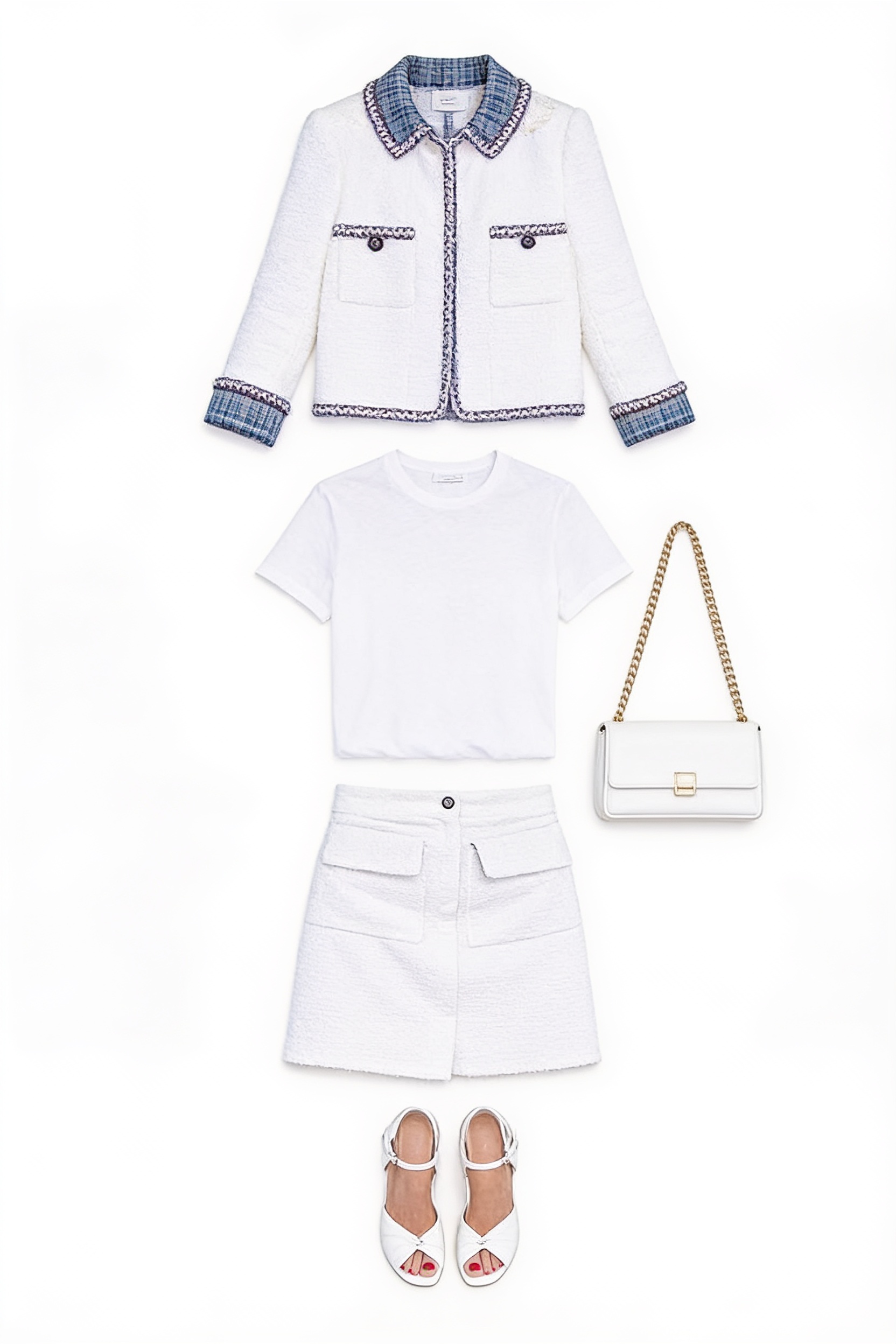 White tweed skirt suit and contrast-trim jacket