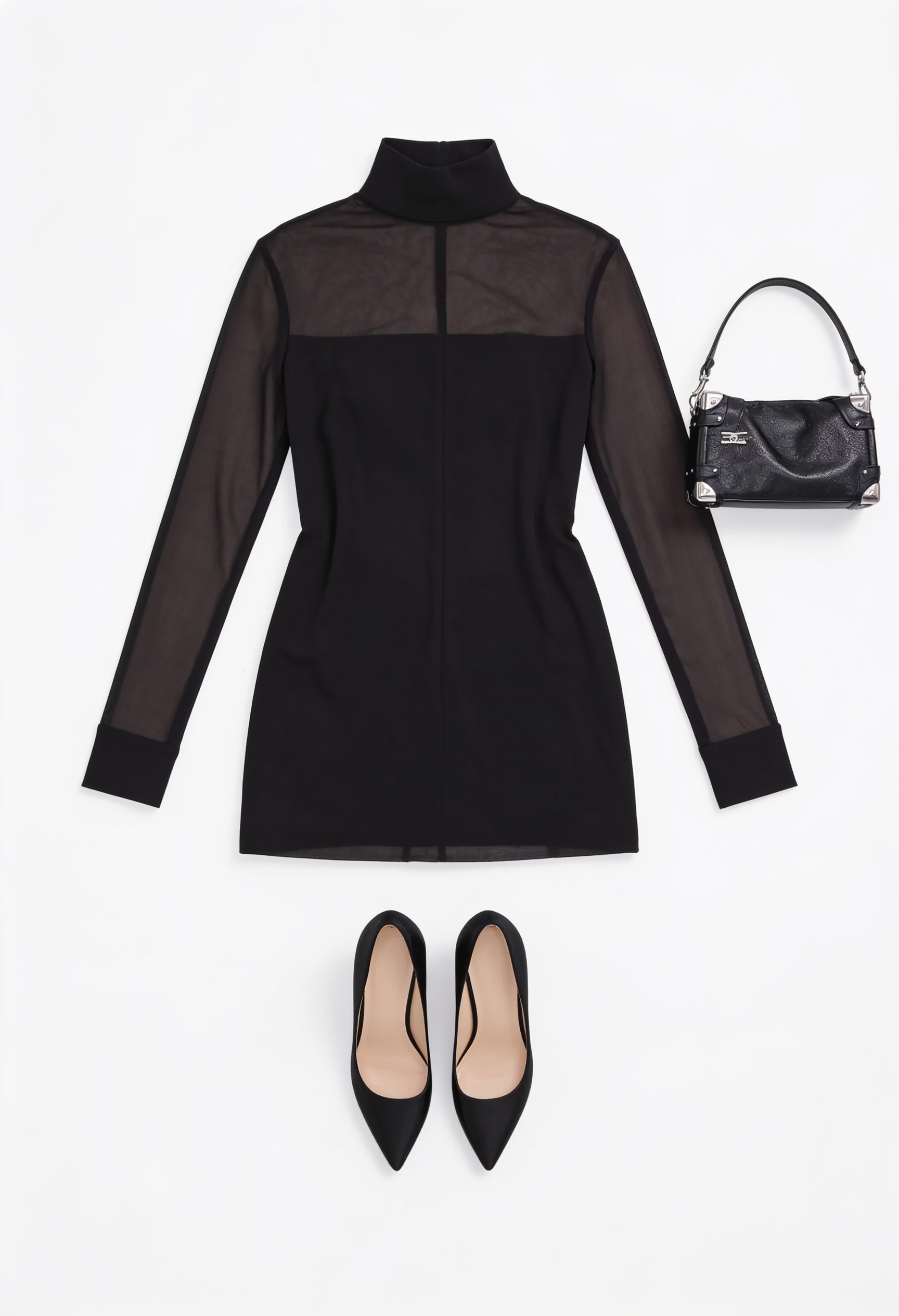 Black long-sleeve high-neck mini dress