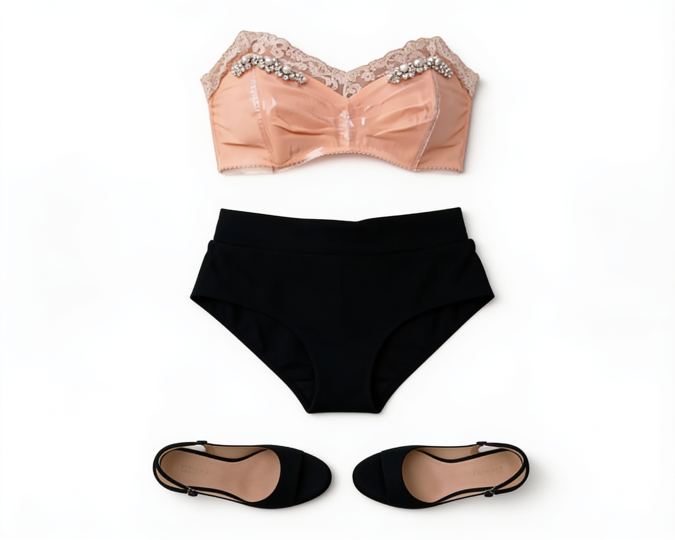 Peach embellished bandeau and black briefs