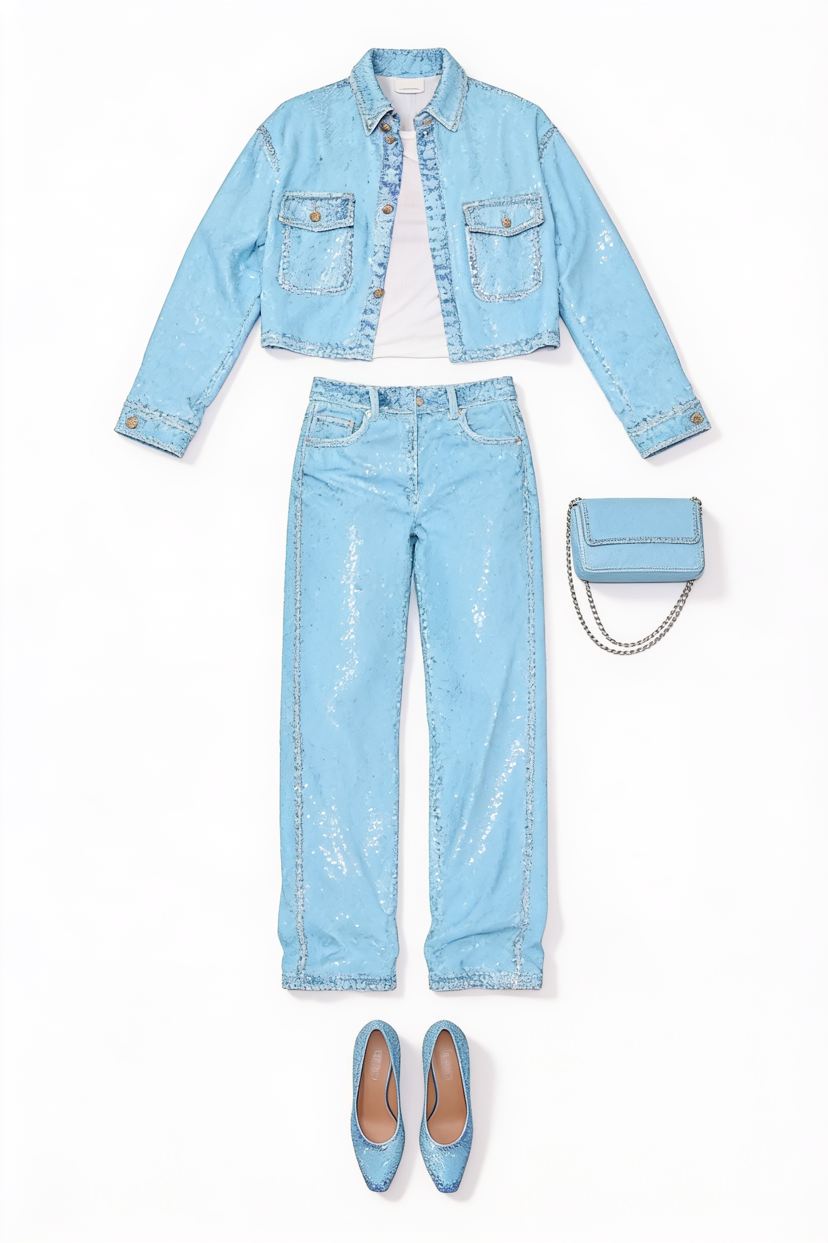 Pale blue denim jacket and straight jeans