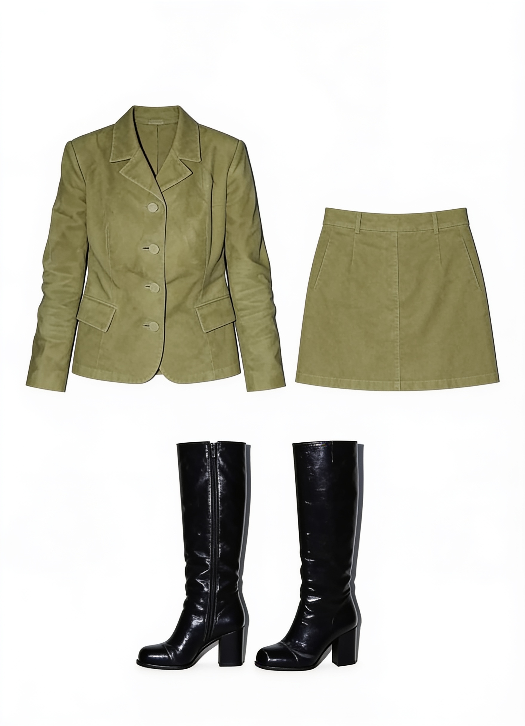 Olive checked blazer and mini skirt with knee-high boots