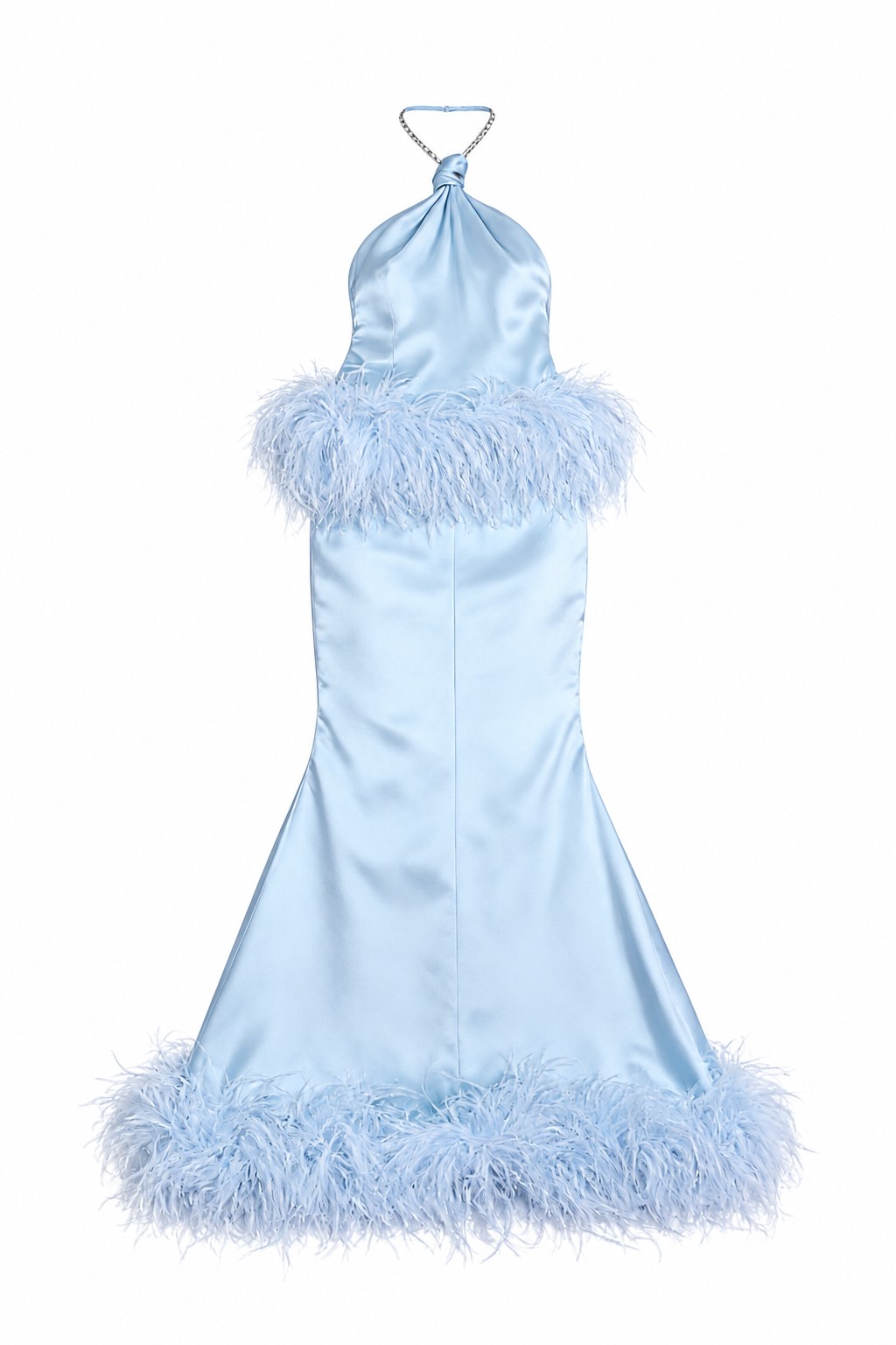 Powder blue satin gown with feather trim