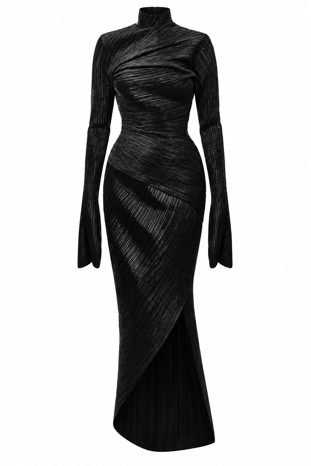 Black high-neck pleated draped gown