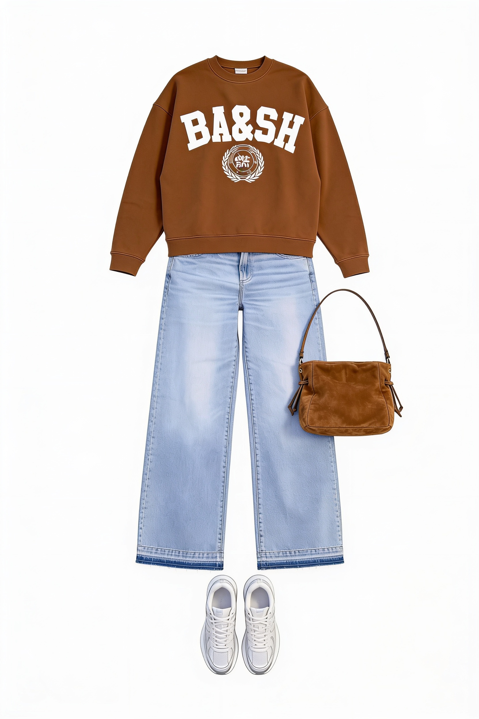 Brown graphic sweatshirt and light baggy jeans