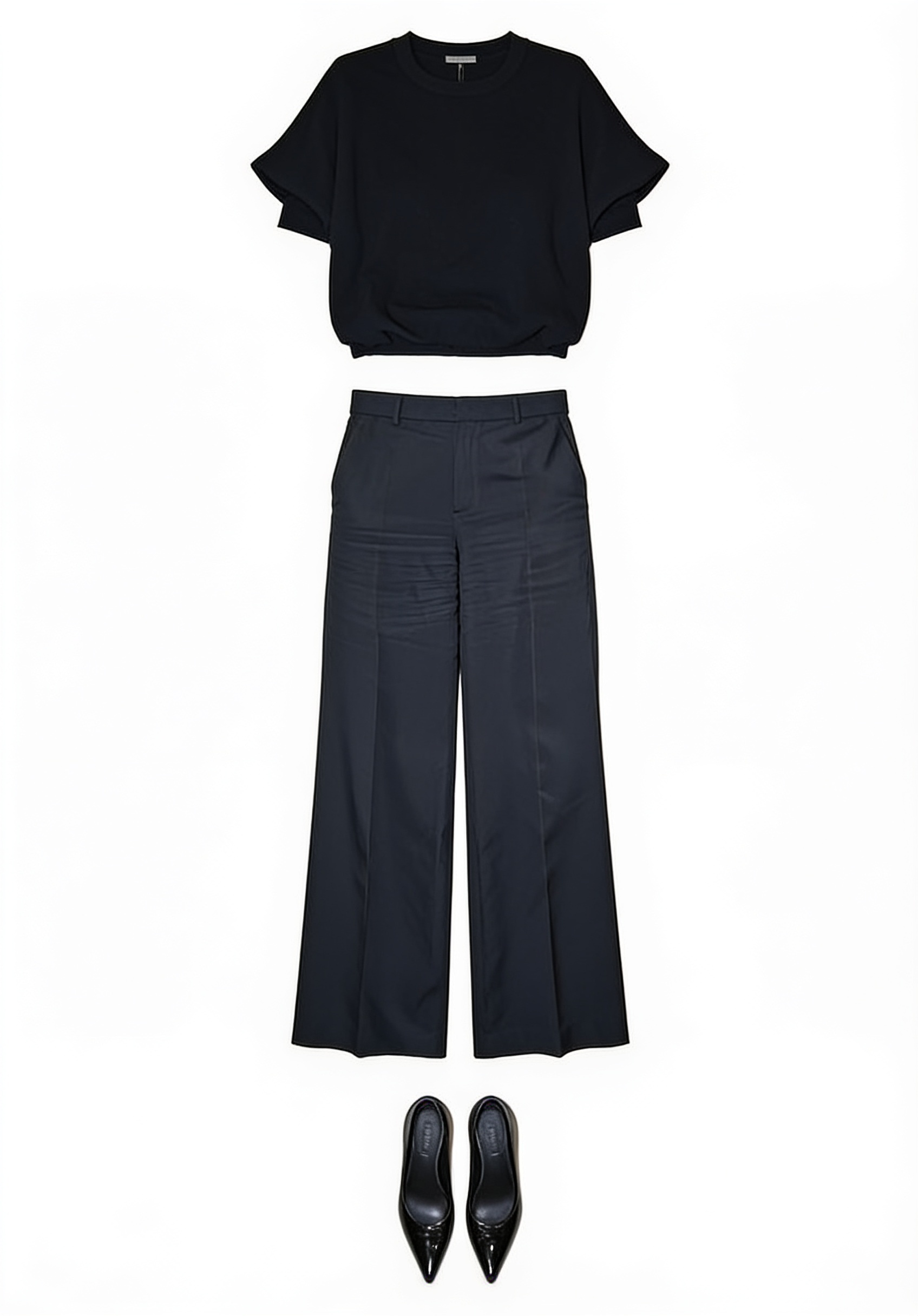 Black short-sleeve knit top and wide-leg trousers