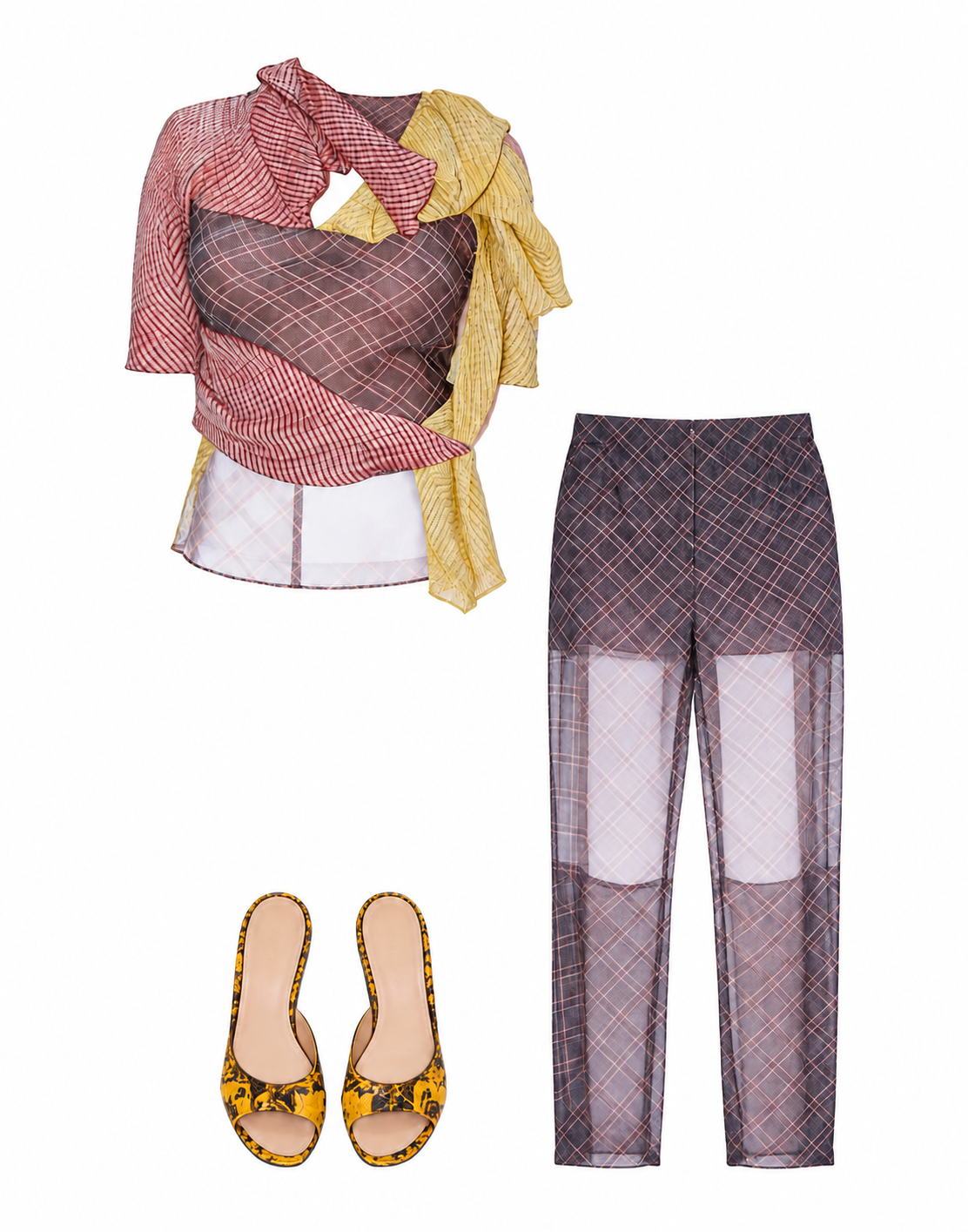 Checked sheer top and trousers with draped ruffles