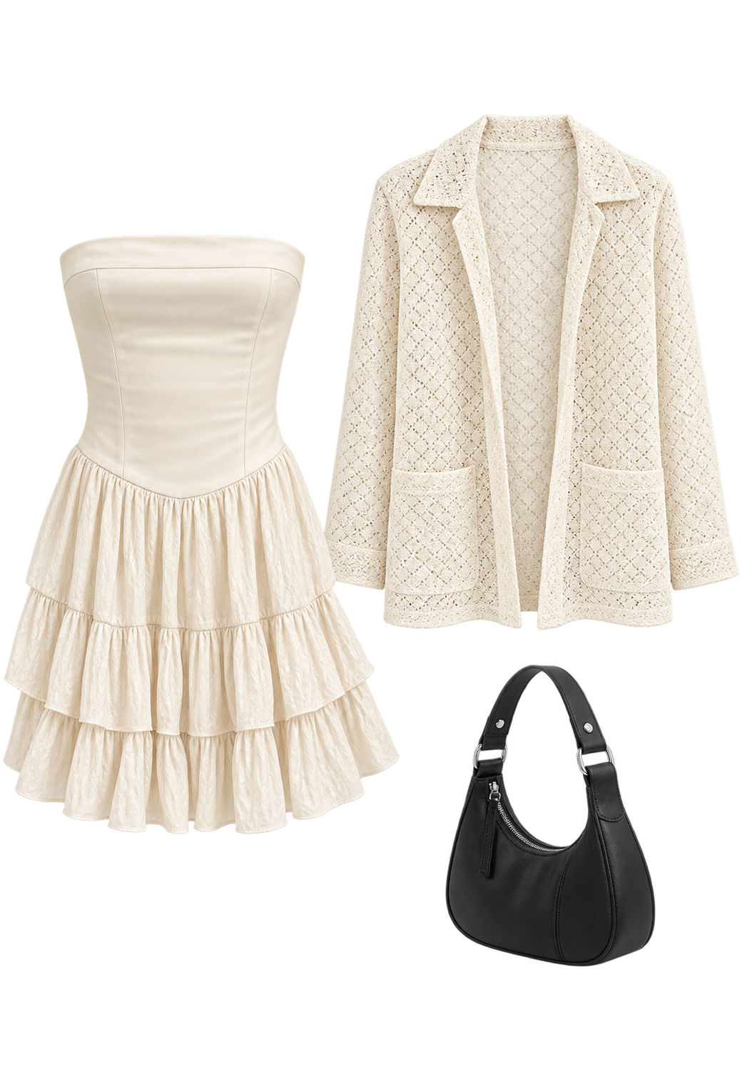 Ivory ruffled mini dress and lace jacket